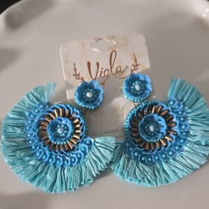 Viola Blue and Gold Statement Beadrd Earrings